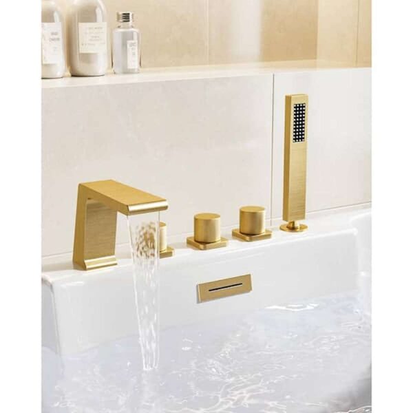 3-Handles Deck-Mount Roman Tub Faucet with Hand Shower in Brushed Gold (Valve Included)